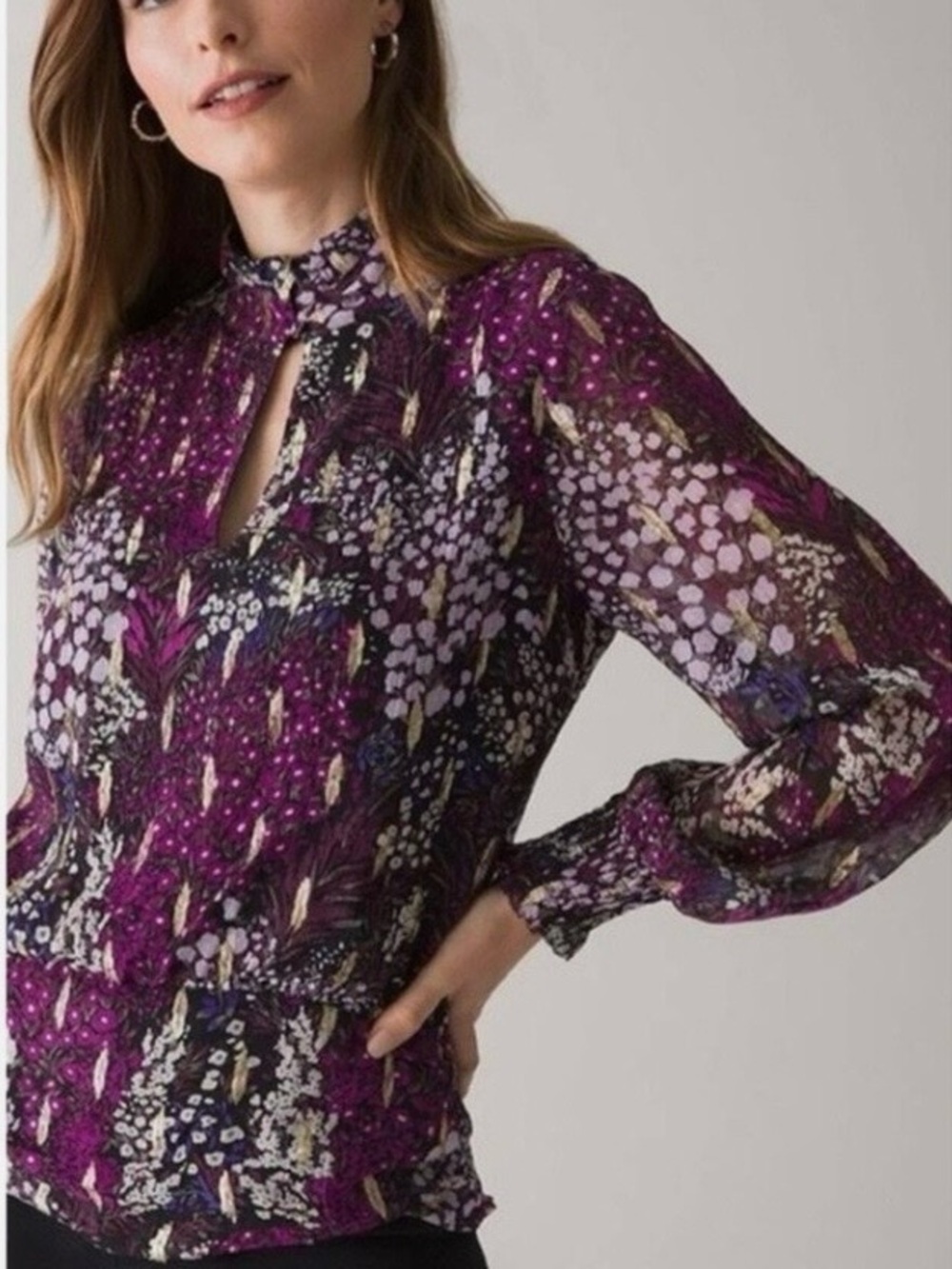 White House Black Market Purple Floral Keyhole Blouse